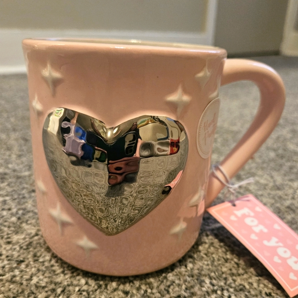 Mirrored Heart Mug Pink Silver Valentines Day Cute Pretty Unique
